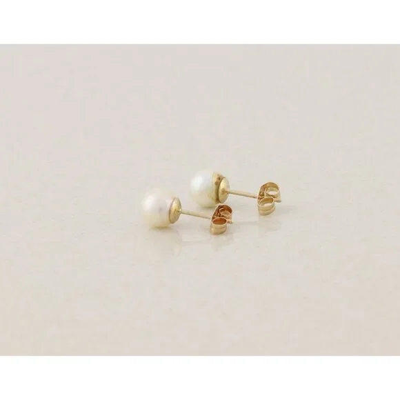 14k Yellow Gold 5mm Freshwater Pearl Earrings Stud Post Small 1/4" - Picture 7 of 9